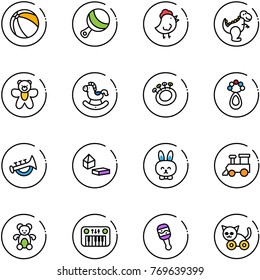 line vector icon set - ball vector, beanbag, chicken toy, dinosaur, bear, rocking horse, horn, constructor blocks, rabbit, train, piano, cat