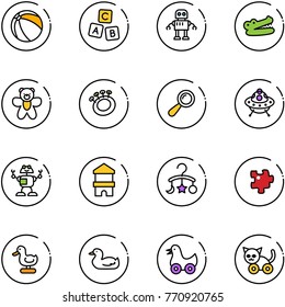 line vector icon set - ball vector, abc cube, robot, crocodile, bear toy, beanbag, ufo, block house, baby carousel, puzzle, duck, cat