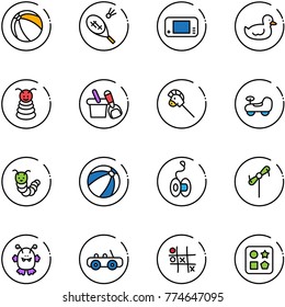 line vector icon set - ball vector, badminton, game console, duck toy, pyramid, shovel bucket, horse stick, baby car, caterpillar, beach, yoyo, windmill, monster, Tic tac toe, cube hole