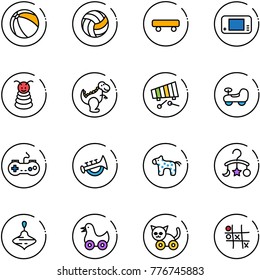 line vector icon set - ball vector, volleyball, skateboard, game console, pyramid toy, dinosaur, xylophone, baby car, gamepad, horn, horse, carousel, wirligig, duck, cat, Tic tac toe