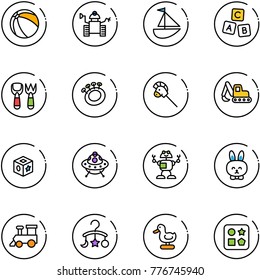 line vector icon set - ball vector, robot, sailboat toy, abc cube, shovel fork, beanbag, horse stick, excavator, ufo, rabbit, train, baby carousel, duck, hole