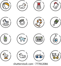 line vector icon set - ball vector, duck toy, pyramid, chicken, rocking horse, beanbag, teethers, phone, piano, yoyo, car, cat