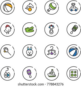 line vector icon set - ball vector, dolphin, beanbag, car toy, chicken, crocodile, horse stick, rabbit, baby carousel, beach, yoyo, boat, cube hole