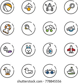 line vector icon set - ball vector, dolphin, robot, beanbag, teethers, horse stick toy, elephant wheel, horn, constructor blocks, rabbit, yoyo, plane, duck, car, boat