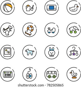line vector icon set - ball vector, bucket scoop, game console, duck toy, dinosaur, teethers, baby car, elephant wheel, horse, rabbit, carousel, piano, yoyo, bus