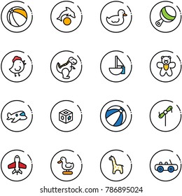 line vector icon set - ball vector, dolphin, duck toy, beanbag, chicken, dinosaur, sailboat, bear, plane, cube, beach, windmill, giraffe, car