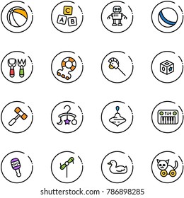 line vector icon set - ball vector, abc cube, robot, shovel fork toy, teethers, horse stick, hammer, baby carousel, wirligig, piano, beanbag, windmill, duck, cat