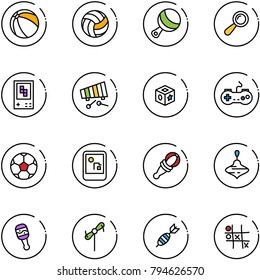 line vector icon set - ball vector, volleyball, beanbag, game console, xylophone, cube toy, gamepad, soccer, wirligig, windmill, dart, Tic tac toe