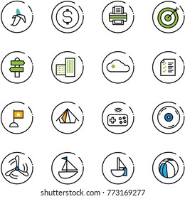 line vector icon set - banana vector, dollar coin, printer, target, signpost, building, cloud, list, flag, tent, joystick wireless, cd, wind mill, sailboat toy, basketball