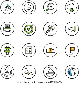line vector icon set - banana vector, dollar coin, money search, download cloud, printer, target, head hunter, speaker horn, signpost, list, pedestal, flag, wind mill, lawn mower, sailboat toy