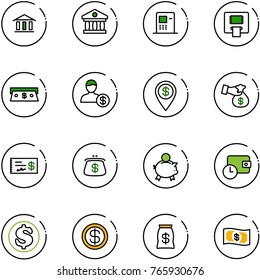 line vector icon set - bank vector, atm, cash, account, dollar pin, encashment, check, purse, piggy, wallet time, money bag