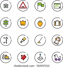 line vector icon set - bank vector, artificial unevenness road sign, flag, schedule, signpost, crown, strawberry, suitcase, bezier, dowel, hoe, teethers, excavator toy, puzzle, wirligig, duck