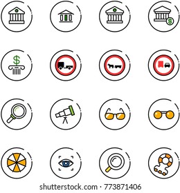 line vector icon set - bank vector, account, no trailer road sign, cart horse, truck overtake, magnifier, telescope, sunglasses, parasol, eye scanner, teethers