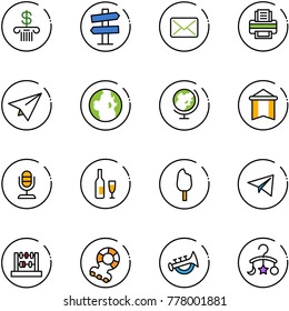 line vector icon set - bank vector, road signpost sign, mail, printer, paper plane, globe, pennant, microphone, wine, ice cream, abacus, teethers, horn toy, baby carousel