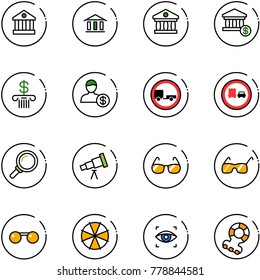 line vector icon set - bank vector, account, no trailer road sign, truck overtake, magnifier, telescope, sunglasses, parasol, eye scanner, teethers