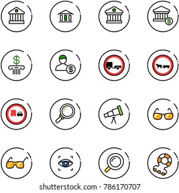 line vector icon set - bank vector, account, no trailer road sign, cart horse, truck overtake, magnifier, telescope, sunglasses, eye scanner, teethers