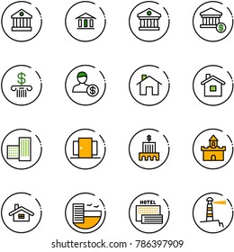 line vector icon set - bank vector, account, home, building, doors, sand fort, hotel, sea, lighthouse