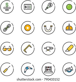 Line Vector Icon Set - Bank Vector, Finance Calendar, Money Torch, Record, Link, Star Medal, Luck, Crown, Sunglasses, Staple, Pipe Welding, Work Knife, Awl, Boomerang, Abacus, Horn Toy