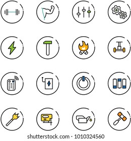 line vector icon set - barbell vector, power hand, settings, gears, lightning, work, fire, gyroscope, remote control, bank, standby button, battery, wood drill, jig saw, oiler, toy hammer