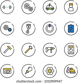 line vector icon set - barbell vector, gears, electric car, king, gear, piston, standby button, battery, hammer, sledgehammer, drill machine, multimeter, generator, oiler, excavator toy