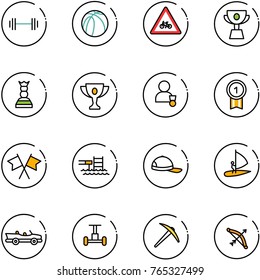 line vector icon set - barbell vector, basketball ball, road for moto sign, cup, chess queen, gold, winner, medal, flags cross, pool, cap, windsurfing, cabrio, gyroscope, axe, bow