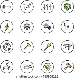 line vector icon set - barbell vector, power hand, settings, gear, lightning, bank, sun, hammer, wood drill, machine, welding, oiler, toy