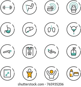 line vector icon set - barbell vector, power hand, mri, stomach, liver, lungs, bladder, push ups, pull, abdominal muscles, liquid soap, x ray, success, uv cream