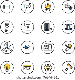 line vector icon set - barbell vector, power hand, fire, gear, piston, bank, sun panel, battery, wind mill, connect, plant, Angular grinder, bulb, generator, toy hammer