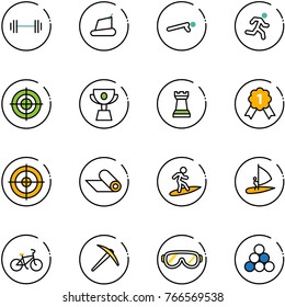 line vector icon set - barbell vector, treadmill, push ups, run, target, cup, chess tower, gold medal, mat, surfing, windsurfing, bike, axe, protective glasses, billiards balls