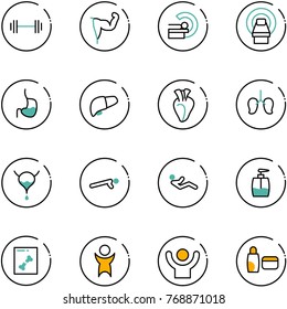 line vector icon set - barbell vector, power hand, mri, stomach, liver, heart, lungs, bladder, push ups, abdominal muscles, liquid soap, x ray, success, uv cream