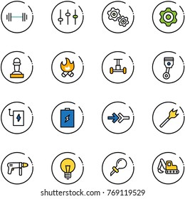 line vector icon set - barbell vector, settings, gears, gear, pawn, fire, gyroscope, piston, power bank, battery, connect, wood drill, machine, bulb, oiler, excavator toy