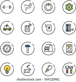 line vector icon set - barbell vector, power hand, standby, gear, electric car, remote control, bank, sun panel, hammer, plant, multimeter, bulb, welding, oiler, shovel fork toy