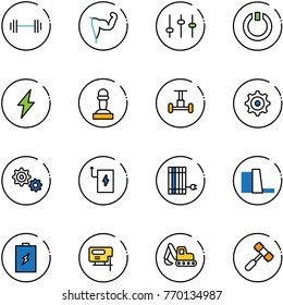 line vector icon set - barbell vector, power hand, settings, standby, lightning, pawn, gyroscope, gear, bank, sun panel, water plant, battery, jig saw, excavator toy, hammer