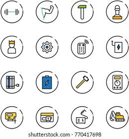 line vector icon set - barbell vector, power hand, work, pawn, king, gear, remote control, bank, sun panel, battery, sledgehammer, multimeter, jig saw, generator, welding, excavator toy