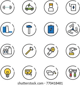 line vector icon set - barbell vector, electric car, king, power bank, water plant, hammer, battery, wind mill, sledgehammer, Angular grinder, drill, bulb, jig saw, oiler, shovel fork toy