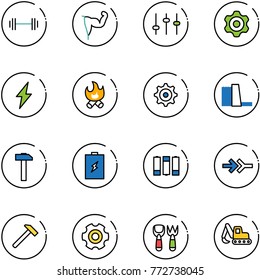 line vector icon set - barbell vector, power hand, settings, gear, lightning, fire, water plant, hammer, battery, connect, shovel fork toy, excavator
