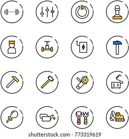 line vector icon set - barbell vector, settings, standby, pawn, king, gyroscope, power bank, hammer, sledgehammer, Angular grinder, welding, oiler, shovel fork toy, excavator