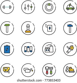 line vector icon set - barbell vector, settings, standby, electric car, work, pawn, power bank, hammer, battery, plant, Angular grinder, jig saw, oiler, shovel fork toy, excavator