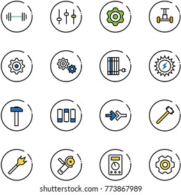 line vector icon set - barbell vector, settings, gear, gyroscope, sun panel, power, hammer, battery, connect, sledgehammer, wood drill, Angular grinder, multimeter