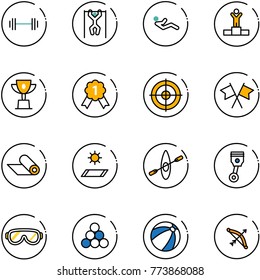 line vector icon set - barbell vector, pull ups, abdominal muscles, winner, win cup, gold medal, target, flags cross, mat, kayak, piston, protective glasses, billiards balls, beach ball, bow