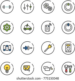 line vector icon set - barbell vector, settings, gears, standby, gear, electric car, remote control, button, battery, connect, wood drill, multimeter, bulb, jig saw, oiler, shovel fork toy