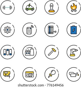line vector icon set - barbell vector, electric car, pawn, fire, gear, remote control, sun panel, battery, plant, hammer, drill, jig saw, generator, oiler