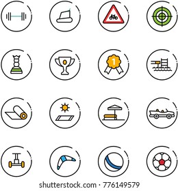 line vector icon set - barbell vector, treadmill, road for moto sign, target, chess queen, gold cup, medal, pool, mat, inflatable, cabrio, gyroscope, boomerang, ball, soccer