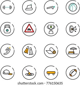 line vector icon set - barbell vector, treadmill, push ups, basketball ball, weight, road for moto sign, cup, solution, flying man, flippers, mat, inflatable pool, cap, fishing, skateboard, football