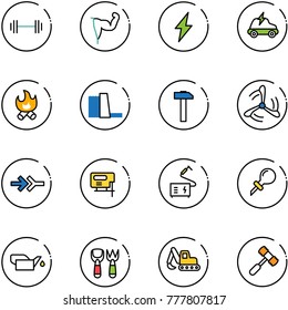 line vector icon set - barbell vector, power hand, lightning, electric car, fire, water plant, hammer, wind mill, connect, jig saw, welding, oiler, shovel fork toy, excavator