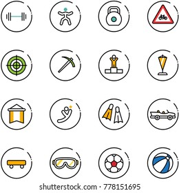 line vector icon set - barbell vector, gymnastics, weight, road for moto sign, target, job, winner, pennant, flying man, flippers, cabrio, skateboard, protective glasses, soccer ball, beach