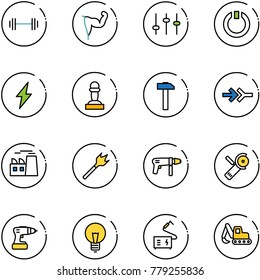line vector icon set - barbell vector, power hand, settings, standby, lightning, pawn, hammer, connect, plant, wood drill, machine, Angular grinder, bulb, welding, excavator toy
