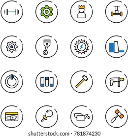 line vector icon set - barbell vector, gear, king, gyroscope, piston, sun power, water plant, standby button, battery, sledgehammer, drill machine, generator, oiler, toy hammer