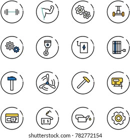 line vector icon set - barbell vector, power hand, gears, gyroscope, gear, piston, bank, sun panel, hammer, wind mill, jig saw, generator, welding, oiler