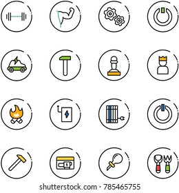 line vector icon set - barbell vector, power hand, gears, standby, electric car, work, pawn, king, fire, bank, sun panel, button, hammer, generator, oiler, shovel fork toy